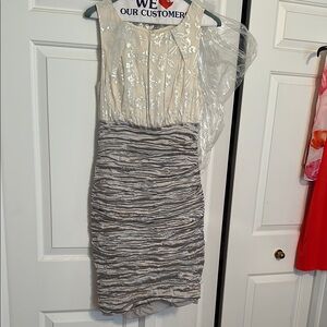 Elegant Cream and Gray Sleeveless Dress